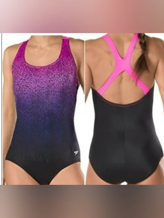Speedo Women's Pink to Black Ombre Performance One-Piece Ultra back Swimsuit - Picture 13 of 16